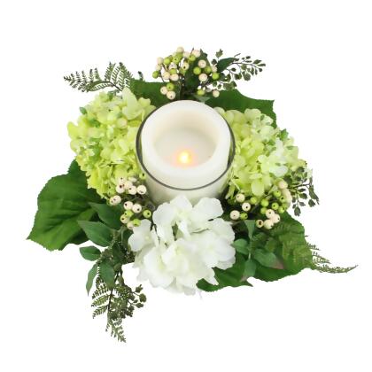 16" Decorative Artificial Cream White and Green Hydrangea and Berry Hurricane Glass Candle Holder alternate image