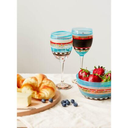 Set of 2 Blue Mosaic Carnival Confetti Hand Painted Wine Drinking Glasses 8" alternate image