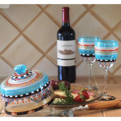 Set of 2 Blue Mosaic Carnival Confetti Hand Painted Wine Drinking Glasses 8" alternate image