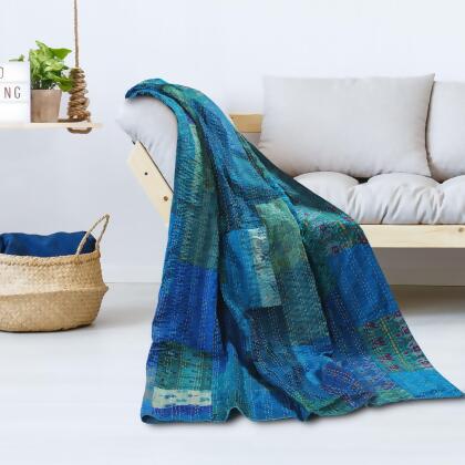 Blue and Green Checkered Handmade Throw Blanket 50" x 70" alternate image