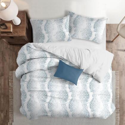 Set of 3 White and Blue Distressed Paisley Comforter with Pillow Shams - Full alternate image