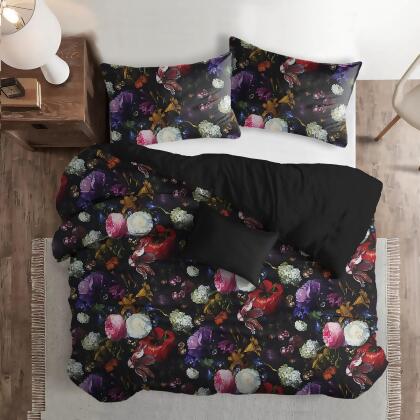 Set of 3 Black and Red Floral Comforter with Pillow Shams - Full Size alternate image