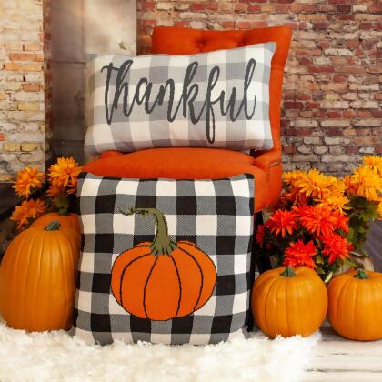 20" White and Black Checked Fall Harvest Pumpkin Print Square Throw Pillow alternate image