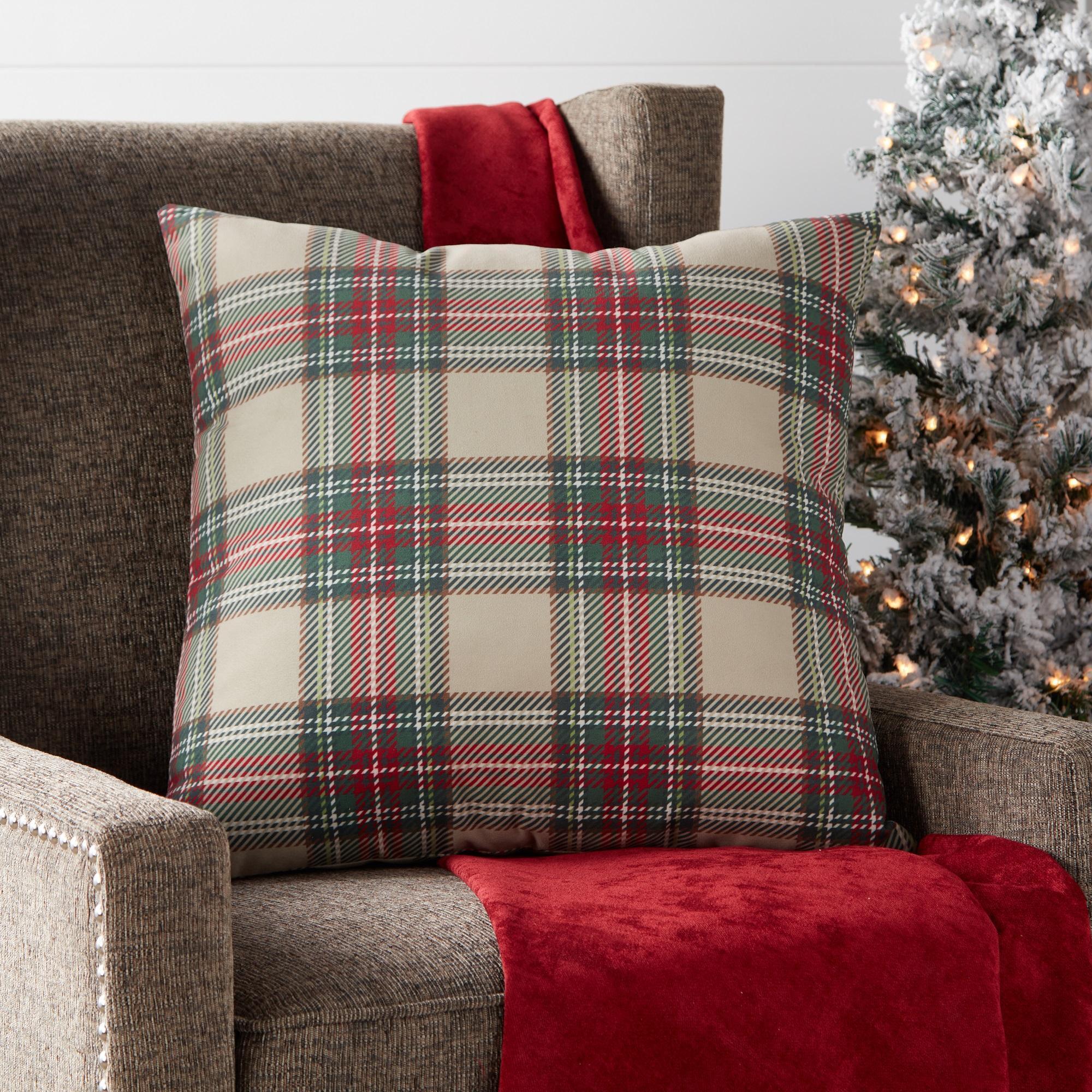 18" Red and White Plaid Christmas Square Throw Pillow alternate image
