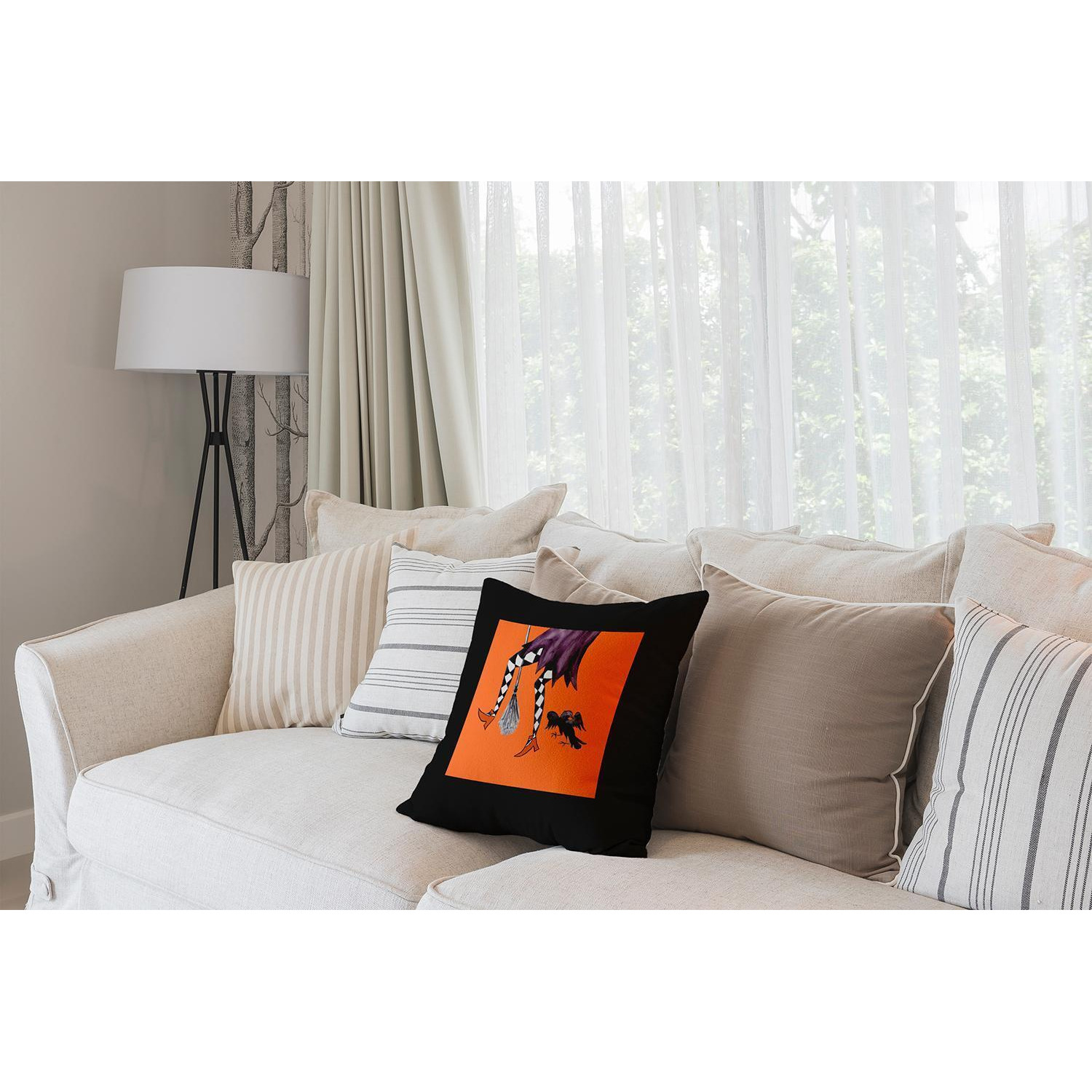 16" x 16" Black and Orange Fly Away Witch Halloween Throw Pillow alternate image