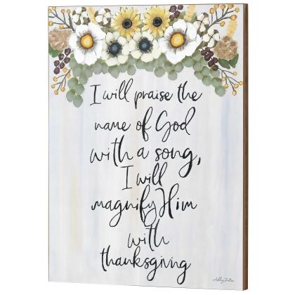 16" Gray and White I Will Praise the Name of God Floral Wall Plaque alternate image