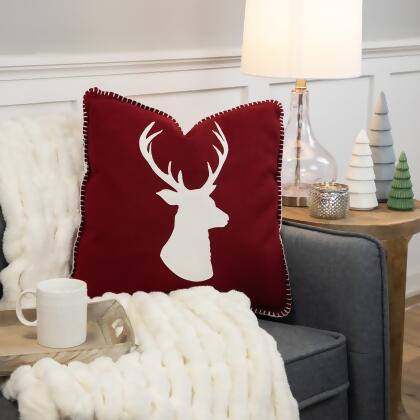 18" Maroon and Beige Deer Head Worsted Christmas Square Throw Pillow alternate image