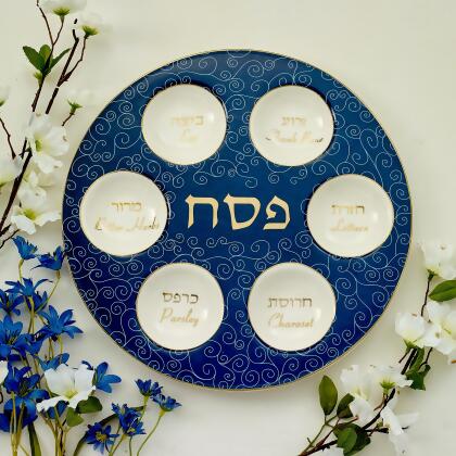 12" Blue and White Classic Seder Round Plate with Gold Accents alternate image
