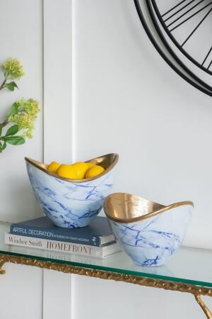 Boat-Shaped Marble-Style Aluminum Bowl - 8.5" - Blue and Gold - Set of 2 alternate image