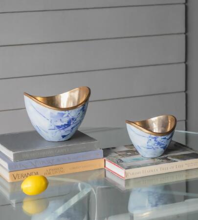 Boat-Shaped Marble-Style Aluminum Bowl - 8.5" - Blue and Gold - Set of 2 alternate image