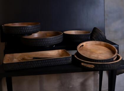 Round Wooden Carved Decorative Bowls - 17" - Brown and Black - Set of 2 alternate image