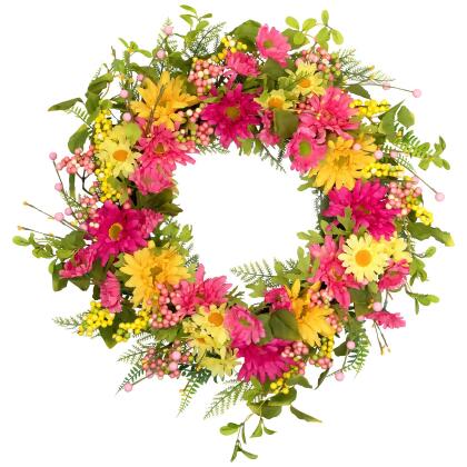 Gerbera Daisy, Berries and Daisy Floral Spring Wreath - 23" - Pink/Yellow alternate image
