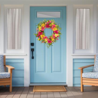Gerbera Daisy, Berries and Daisy Floral Spring Wreath - 23" - Pink/Yellow alternate image