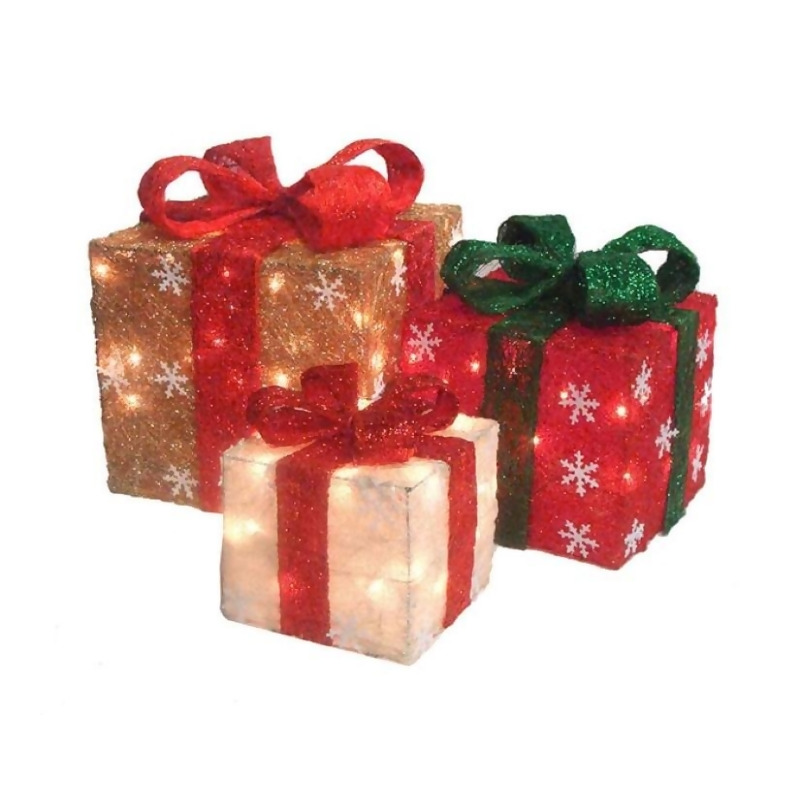 Set of 3 Red and Ivory PreLit Gift Boxes Outdoor Christmas Decor 10