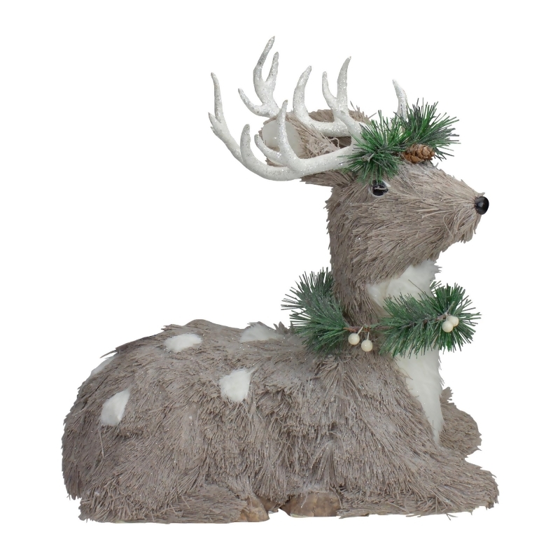 14" Gray Sitting Sisal Reindeer with Wreath Christmas Figure from