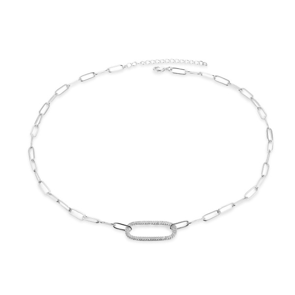 MARIA - Paperclip Necklace With Pave Oval Link - Silver | Clear