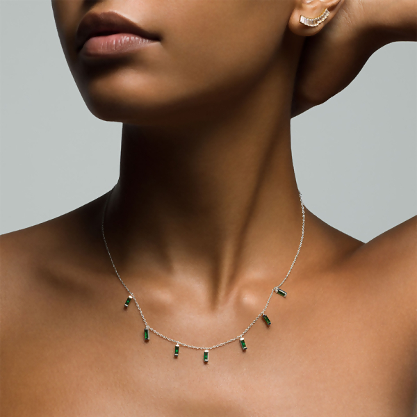 CARYN - Emerald Green Baguette Drop Necklace Blow Out Special - Silver | Clear & Green