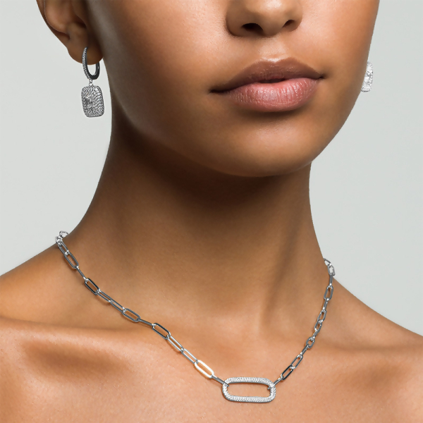 MARIA - Paperclip Necklace With Pave Oval Link - Silver | Clear