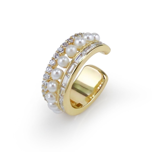 ESTELLE – 三層密鑲鑽珍珠耳骨夾 - 金黃色 | 透明寶石與珍珠（單支）