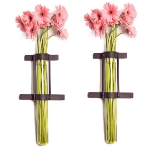 Danya B Wall Mount Cylinder Glass Vases with Rustic Rings Metal Stand Set of 2 Qb201-2 - All