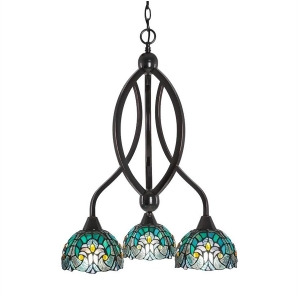 Toltec Bow 3 Lt Chandelier Blk Copper 7 Turquoise Tiffany Glass 263-Bc-9925 - All