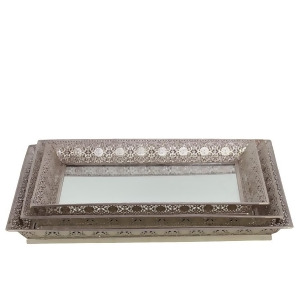 Urban Trends Metal Square Trays w/Pierced Metal Frame Mirror Set of 3 Silver - All