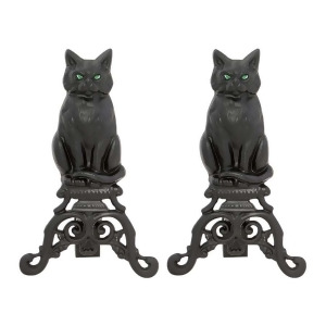 Uniflame Black Cast Iron Cat Andirons Reflective Glass Eyes A-1251 - All