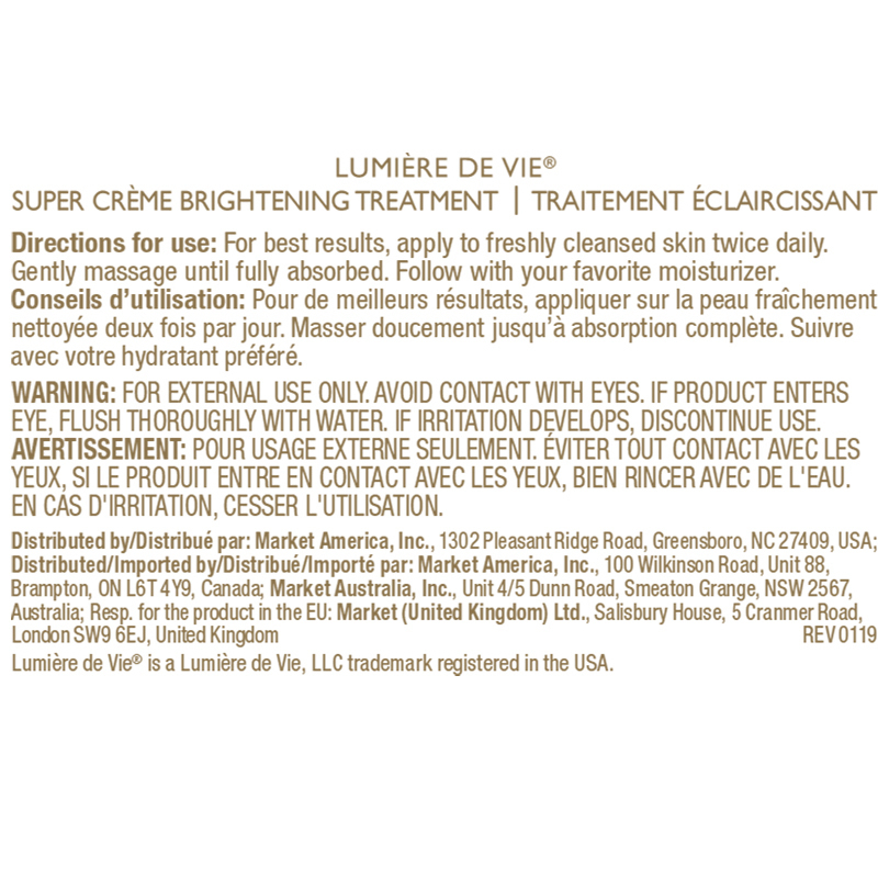 Lumière de Vie Super Crème Brightening Treatment Product Label. See Product Label Details section further below.