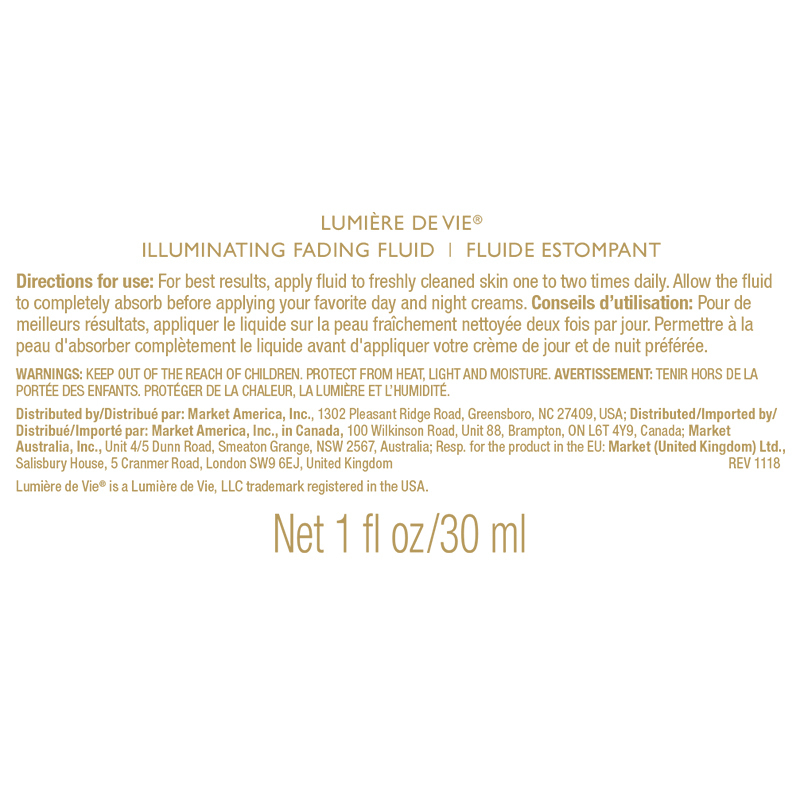 Lumière de Vie Illuminating Fading Fluid Product Label. See Product Label Details section further below.