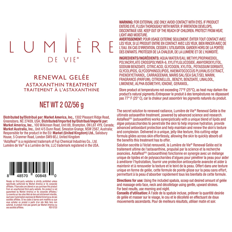 Lumière de Vie Renewal Gelée (Astaxanthin Treatment) Product Label. See Product Label Details section further below.