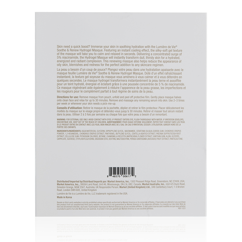 Lumière de Vie Soothe & Renew Hydrogel Masque Product Label. See Product Label Details section further below.