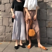 港味復古夏季鬆緊純色闊腿雪紡九分褲 港味復古夏季鬆緊純色闊腿雪紡九分褲