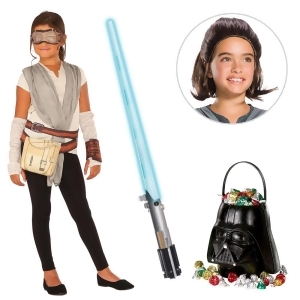 Star Wars Episode Vii The Last Jedi Girl's Rey Dress with Wig and Lightsaber Bundle - All