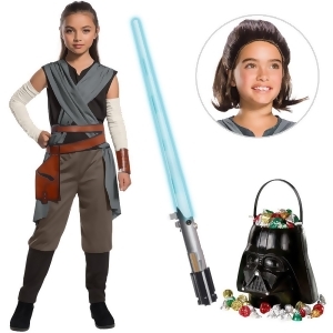Star Wars Episode Viii The Last Jedi Girl's Rey Costume with Wig and Lightsaber Bundle - All