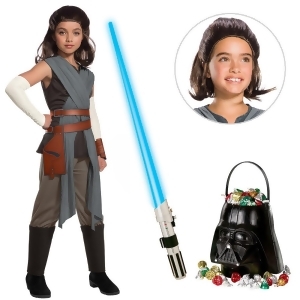 Star Wars Episode Viii The Last Jedi Deluxe Girl's Rey Costume with Wig and Lightsaber - All