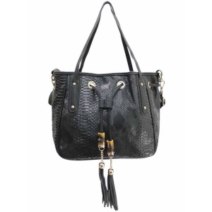 Black Snakeskin Embossed Drawstring Handbag - All