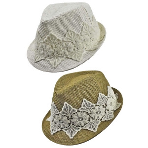 2-Pack Woven Panama Style Fedora Hat With Lace Band - All