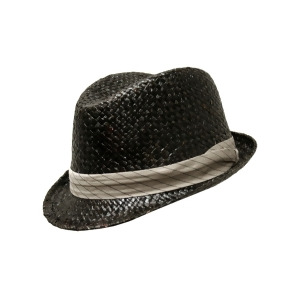 Black Woven Fedora Hat With Pinstriped Hat Band - All