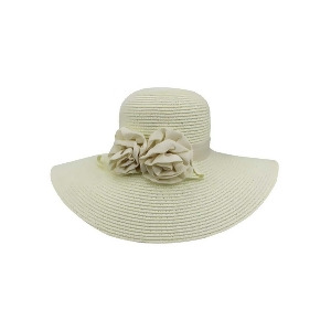 Ivory White Floppy Hat With Floral Rosette Trim - All