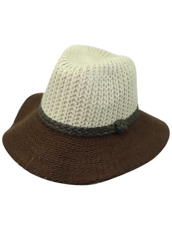 TWO-TONE BEIGE & BROWN KNIT FEDORA HAT