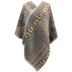 Beige Multicolor Greek Pattern Thick Knit Poncho - All