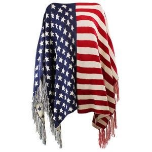 American Flag Print Knit Poncho With Fringe - All