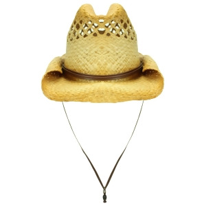 Vented Rocker Style Bended Brim Distressed Straw Cowboy Hat With Chin Cord - All