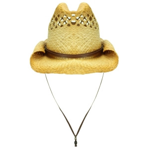 Vented Rocker Style Bended Brim Distressed Straw Cowboy Hat With Chin Cord - All