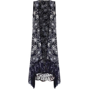 Black White Lightweight Sleeveless Floral Lace Cover Up - All
