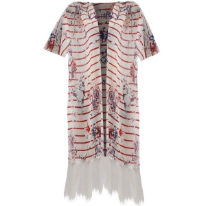 Red White Blue Floral Striped Kimono Cover Up With Fringe - All