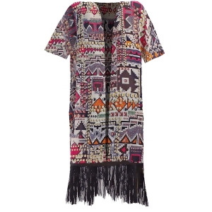 Colorful Geometric Aztec Print Kimono Cover Up With Fringe - All