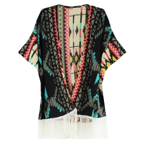 Tribal Print Lightweight Kimono Cover Up With Fringe - All