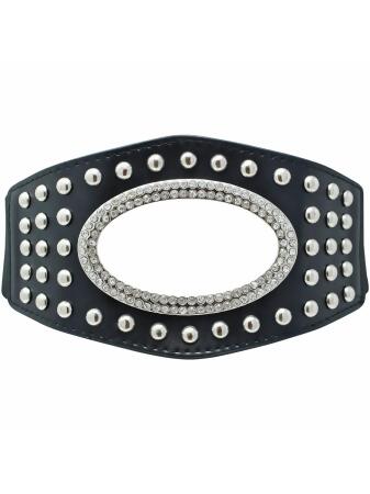 Wide Silver Stud Waist Belt With Rhinestone Oval 