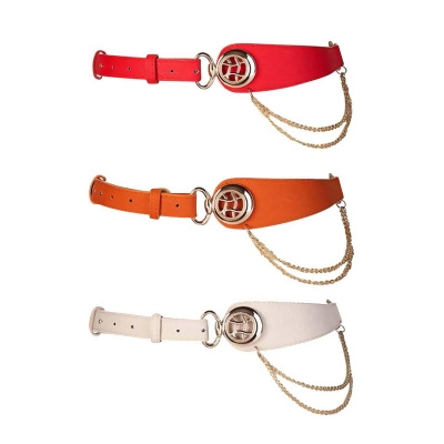3-Pack Red Orange Ivory White Stretchy Belts With Gold Chains 